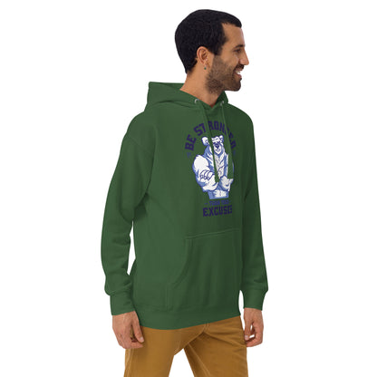 Be Stronger Oversized Hoodie: dark green with flexing bear graphic