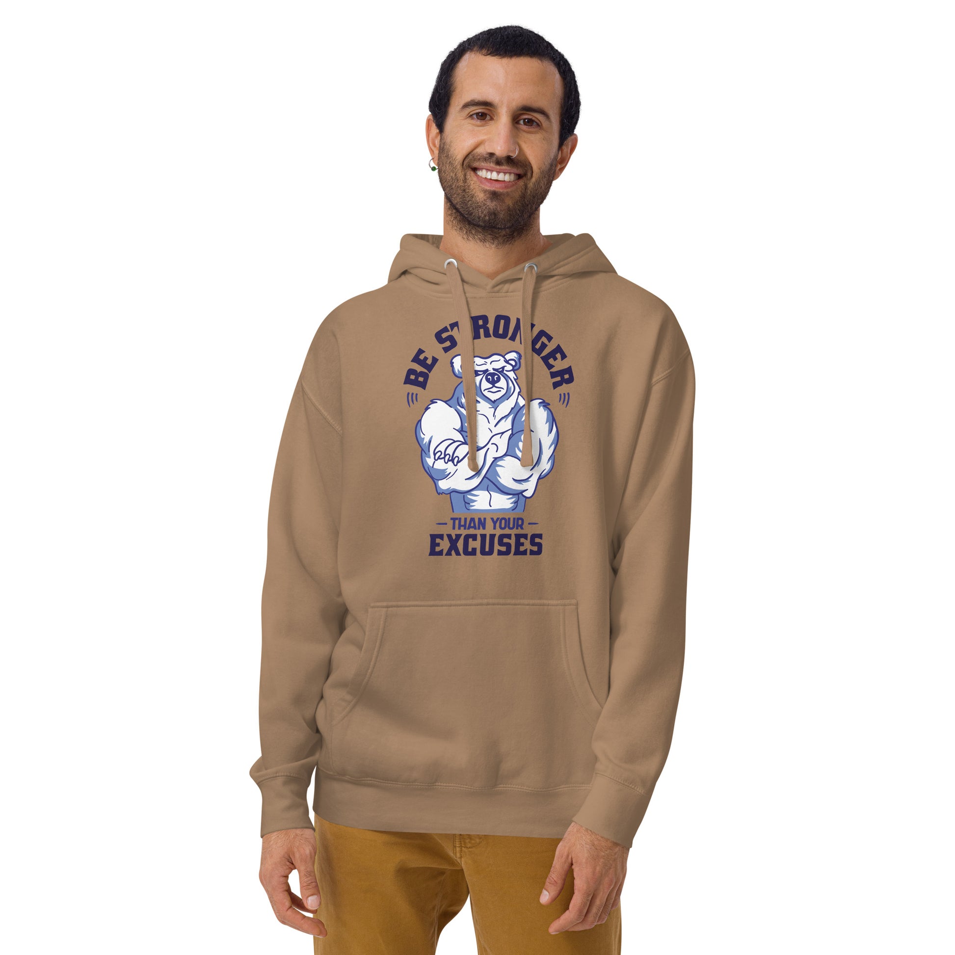 Be Stronger Oversized Hoodie tan sweatshirt with flexing bear graphic