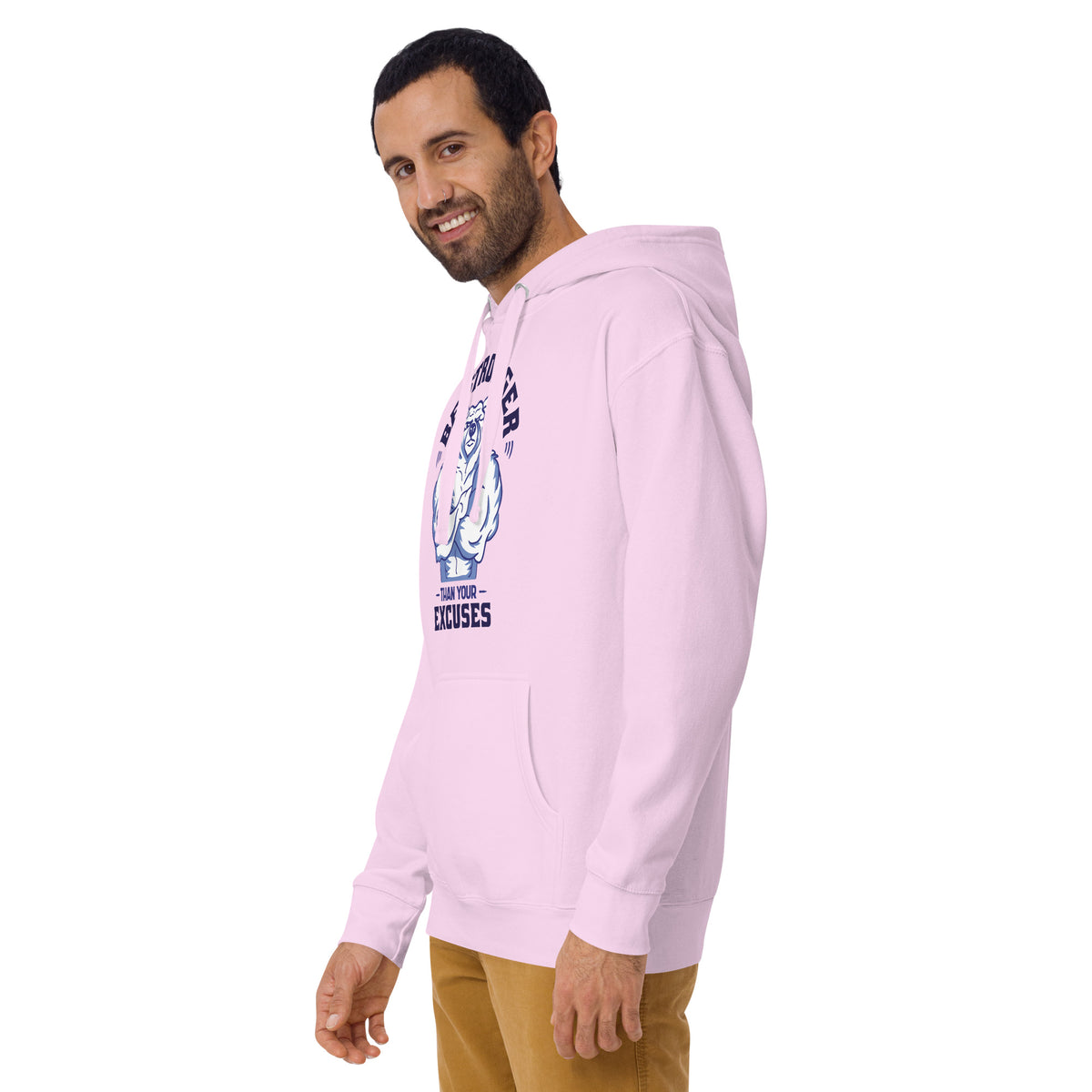 Be Stronger Oversized Hoodie in soft pink with navy Get Stronger Than Your Excuses graphic