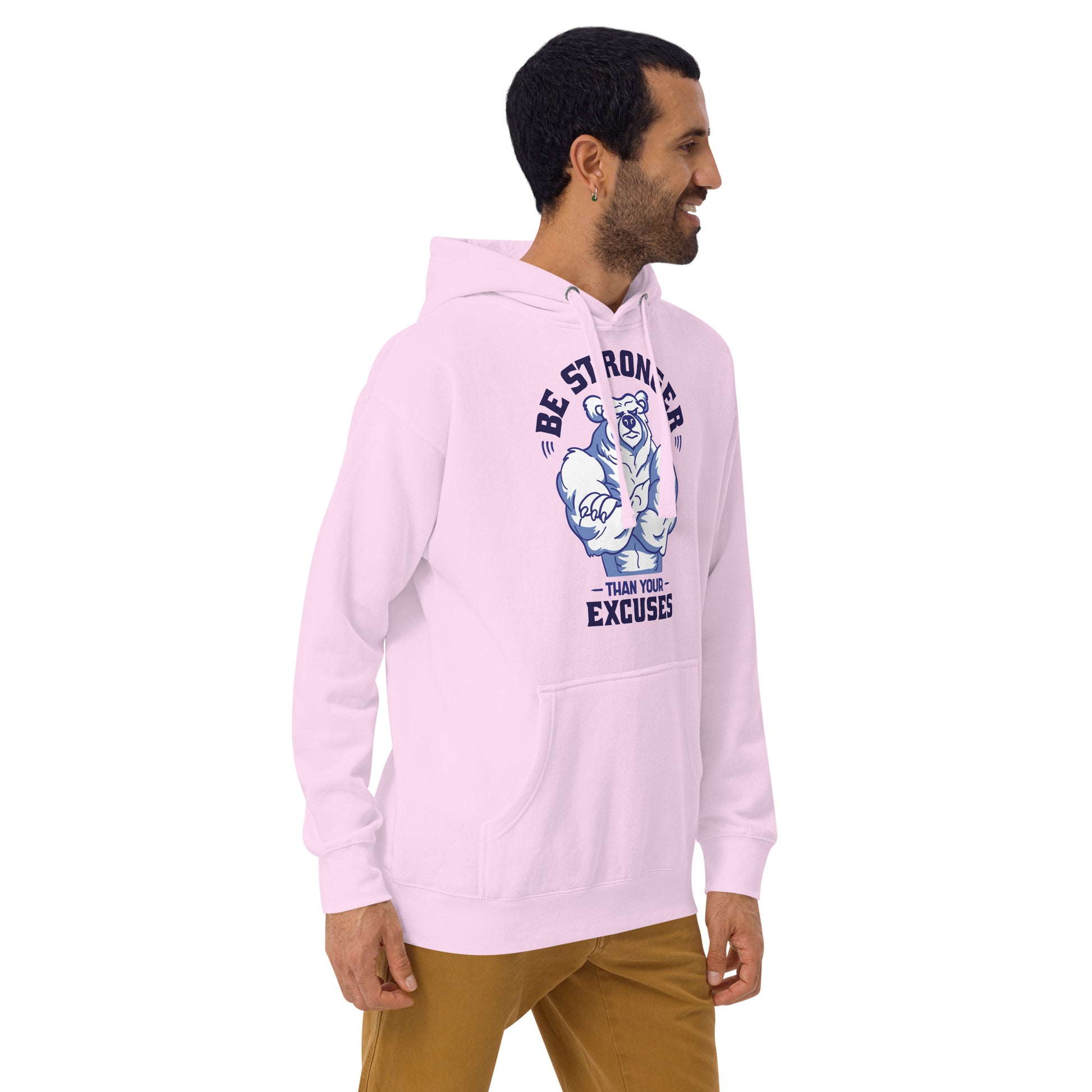 Be Stronger Oversized Hoodie: light pink with muscular bear graphic