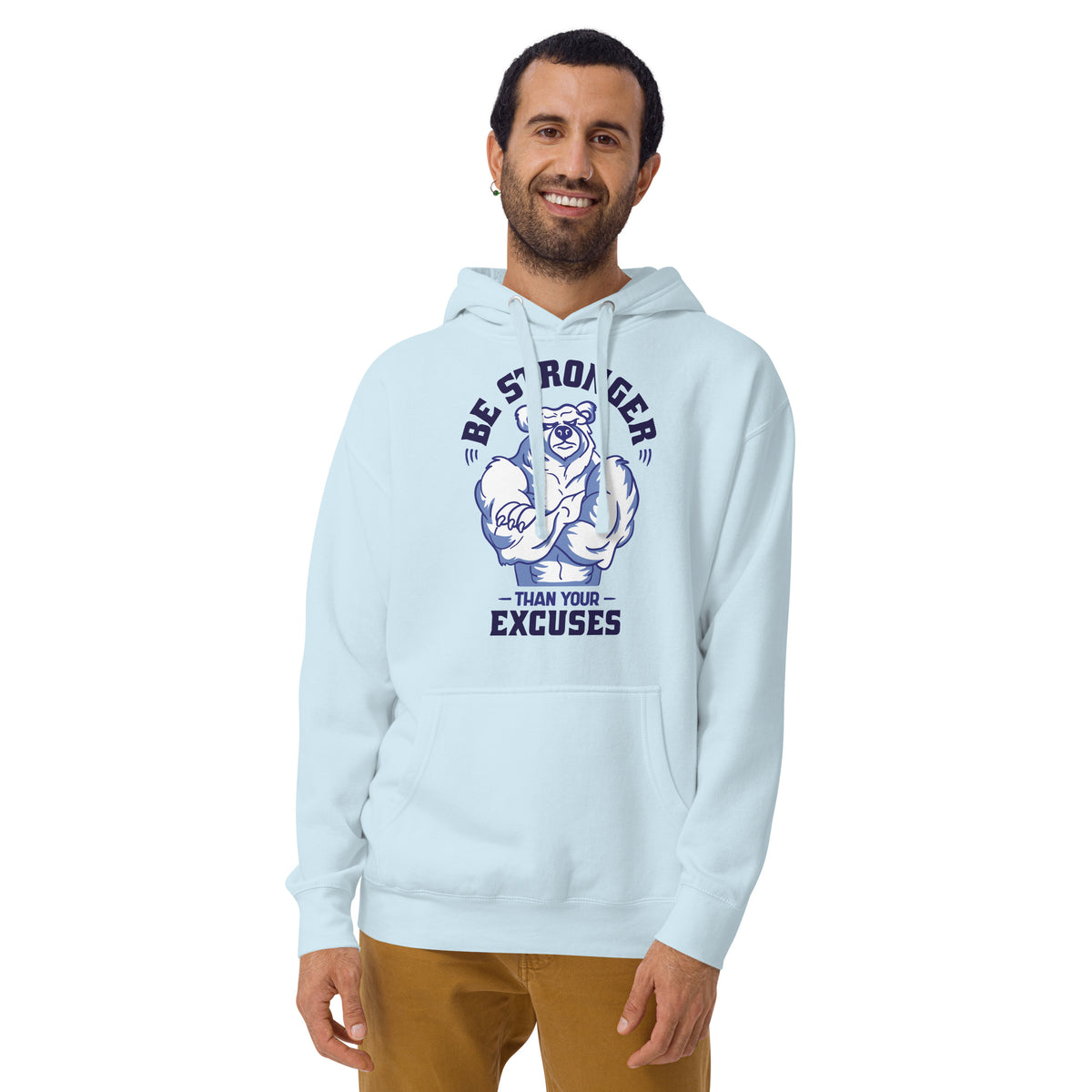 Be Stronger Oversized Hoodie: light blue with muscular bear graphic