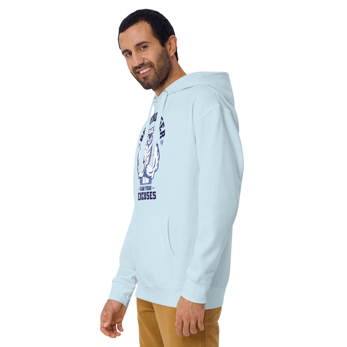 Be stronger oversized hoodie in light blue with bear graphic and than your excuses text