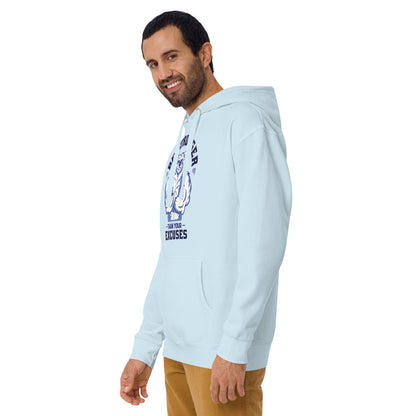 Be stronger oversized hoodie in light blue with bear graphic and than your excuses text