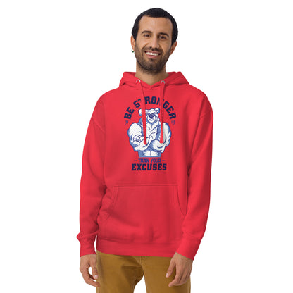 Red oversized hoodie with muscular bear graphic and Be Stronger than your excuses text