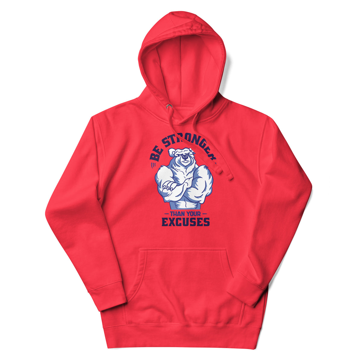 Be Stronger Oversized Hoodie with red fabric, white blue bear, be stronger than your excuses text