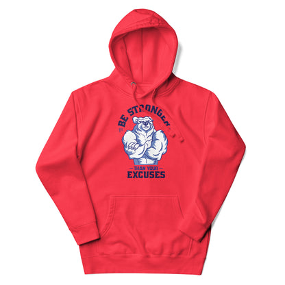 Be Stronger Oversized Hoodie with red fabric, white blue bear, be stronger than your excuses text