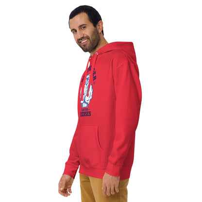 Be Stronger Oversized Hoodie back: red hooded sweatshirt with bear anchor graphic and Get up from your excuses text