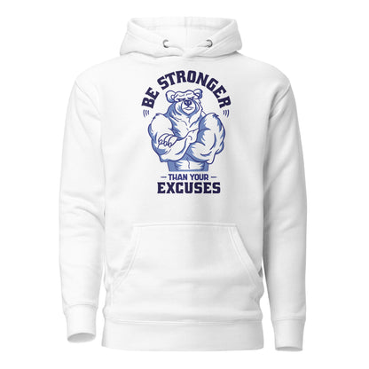 White Be Stronger Oversized Hoodie with blue muscular bear graphic