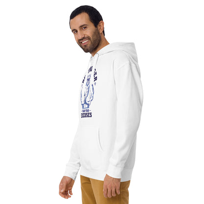 Be Stronger Oversized Hoodie with white fabric, blue muscular graphic and more than your excuses text