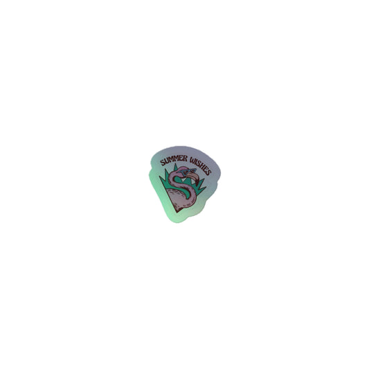 Translucent green holographic guitar pick sticker with pink flamingo and summer wishes
