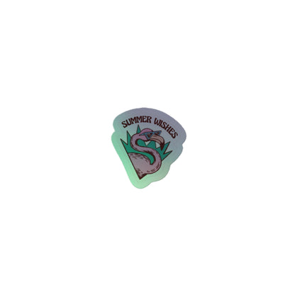 Shimmering holographic pink flamingo sticker with grass and Summer Wishes text, V2