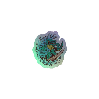 Sticker of a crocodile surfing with a gradient effect on a white background