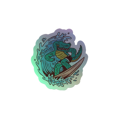 Sticker of a crocodile surfing with a gradient effect on a white background