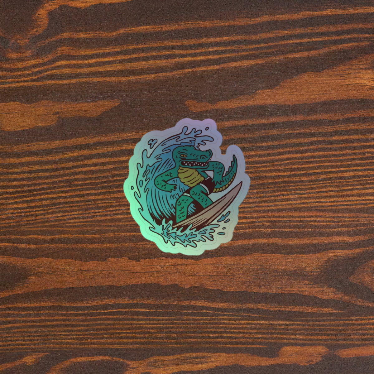 Sticker of a crocodile surfing with a gradient effect on a white background