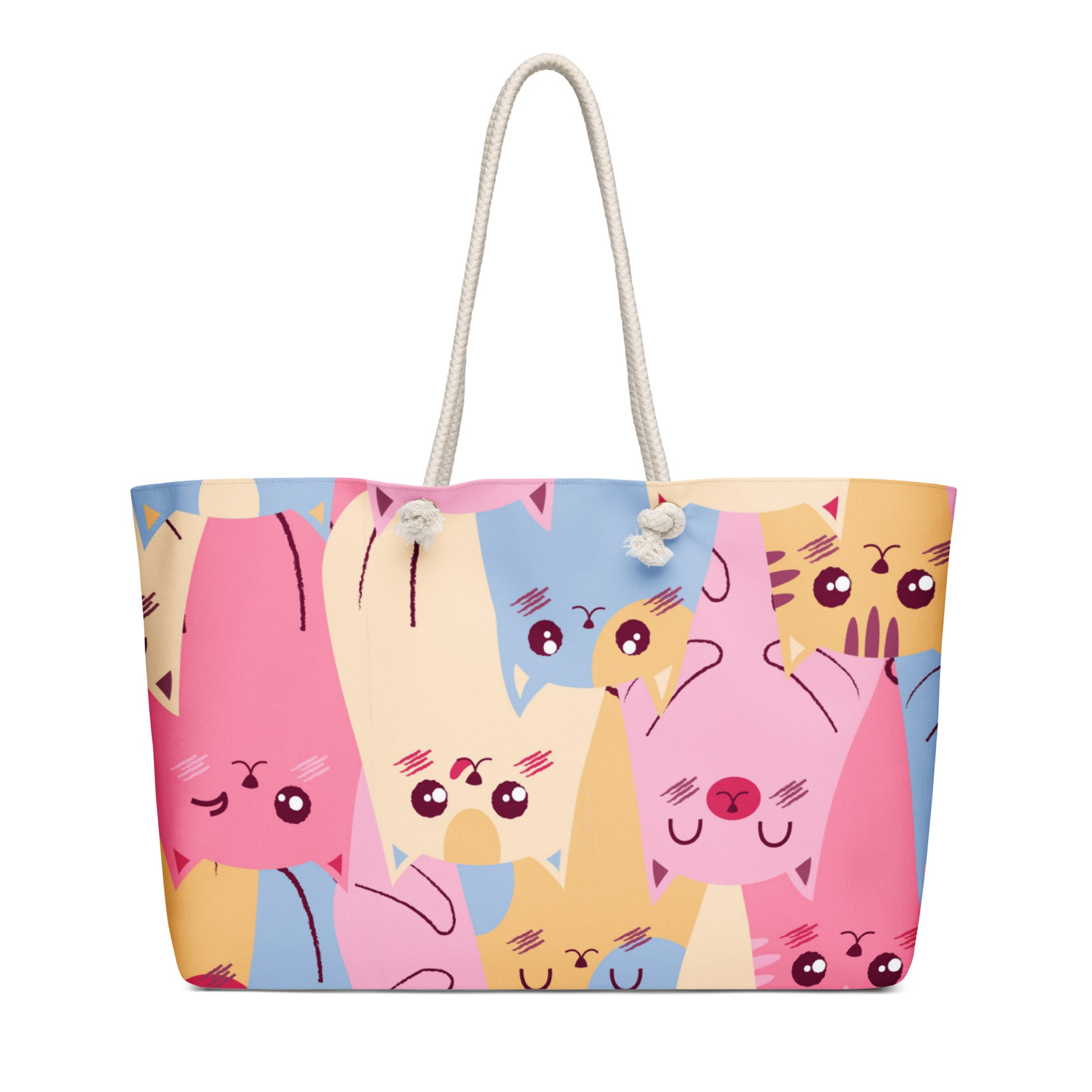 Oversized weekender bag with colorful cartoon cats in pink, blue, yellow