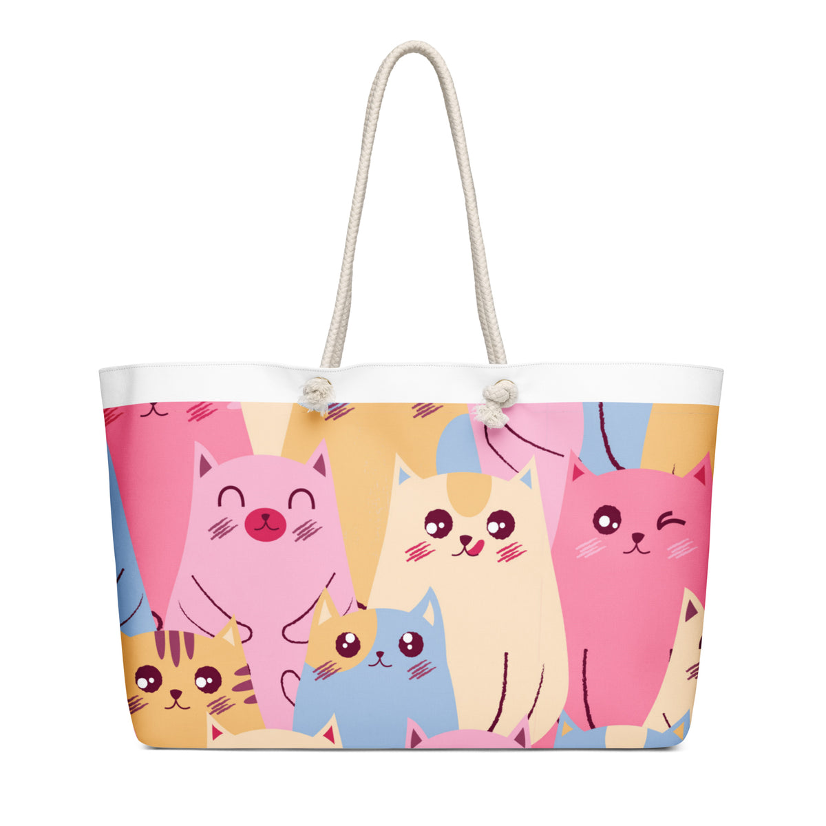 Oversized weekender bag with colorful cartoon cat design