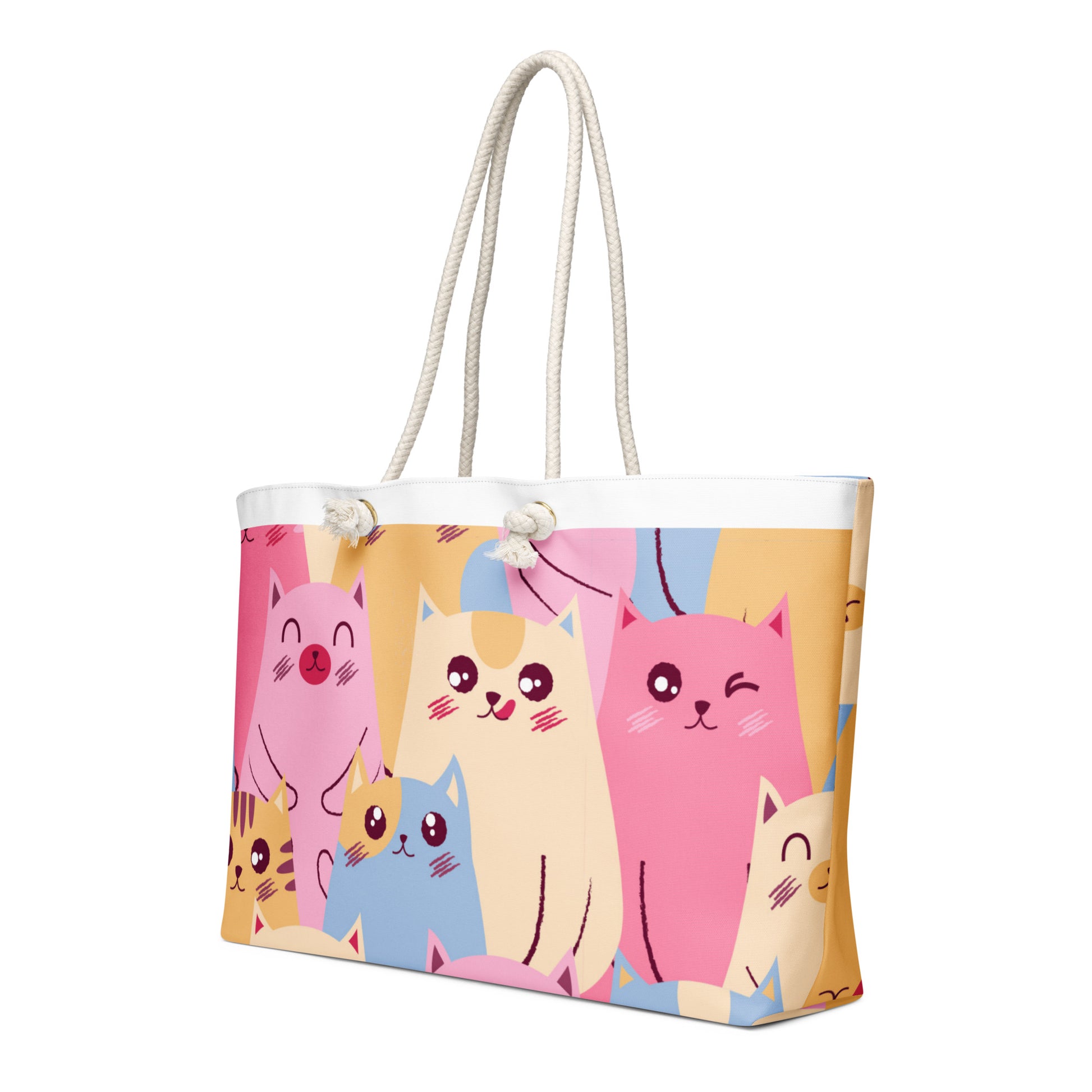 Oversized weekender bag with colorful cartoon cat pattern