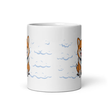 White ceramic Daily Coffee Mug V2 with orange white corgis in blue clouds