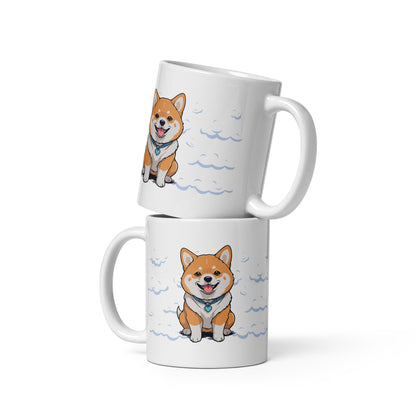 Daily Coffee Mug V2 with cheerful cartoon Shiba Inu on white ceramic mug