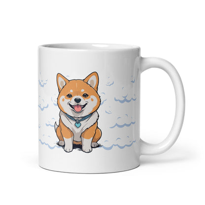Daily Coffee Mug V2 with cheerful cartoon Shiba Inu on white ceramic