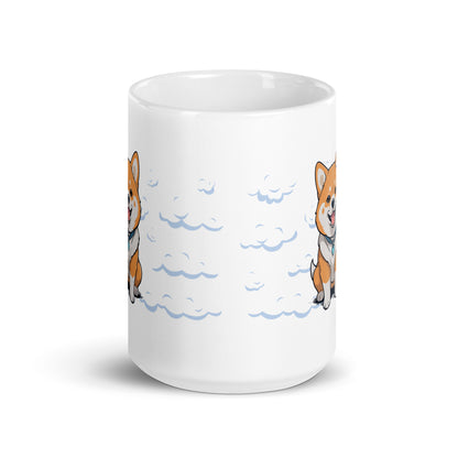 White ceramic Daily Coffee Mug V2 with orange white corgis on clouds