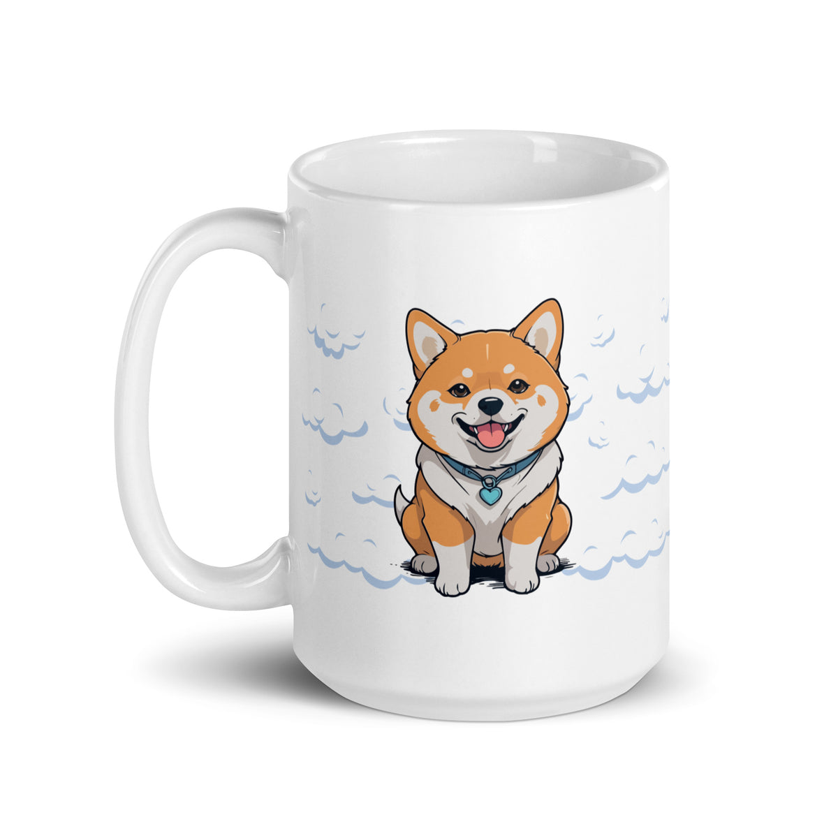 Daily Coffee Mug V2 with cheerful cartoon Shiba Inu on white ceramic