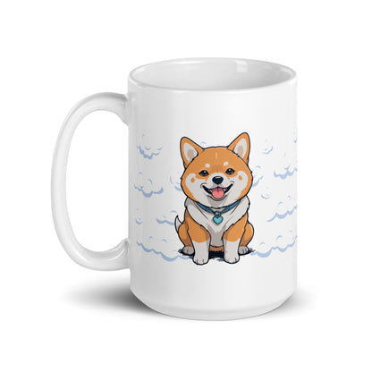Daily Coffee Mug V2 with cheerful cartoon Shiba Inu on white ceramic