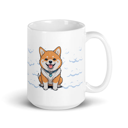 Daily Coffee Mug V2 with cheerful orange shiba inu on white ceramic