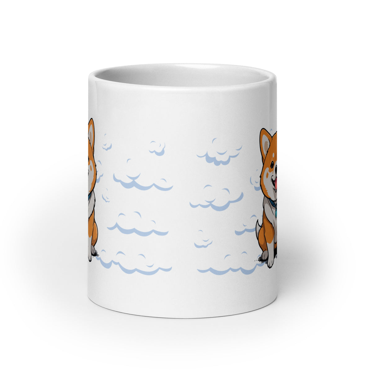 White ceramic Daily Coffee Mug V2 with corgis in blue clouds