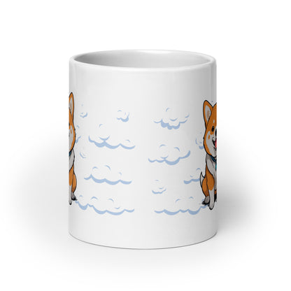 White ceramic Daily Coffee Mug V2 with corgis in blue clouds