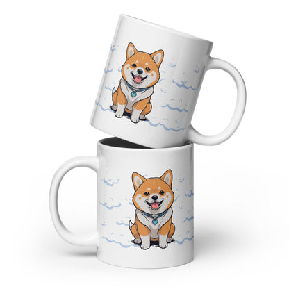 Daily Coffee Mug V2 with cheerful cartoon Shiba Inu on white ceramic