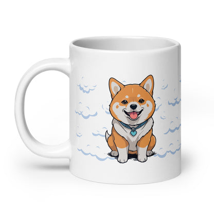 Daily Coffee Mug V2 with cheerful cartoon Shiba Inu on white ceramic