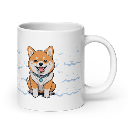 Daily Coffee Mug V2 with cheerful cartoon Shiba Inu on white ceramic