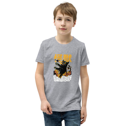 Gray short-sleeve t-shirt V1 with black cat graphic on fiery clouds