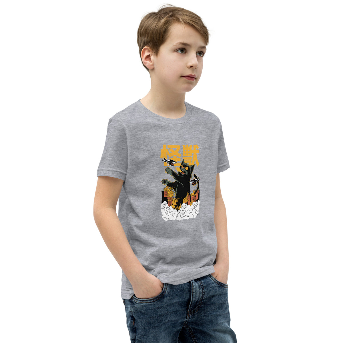 Gray heathered Short Sleeve T-Shirt V1 with black cat and Japanese characters