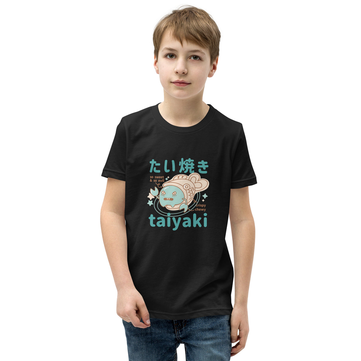 Black Short Sleeve T-Shirt V2 with cute teal beige taiyaki design