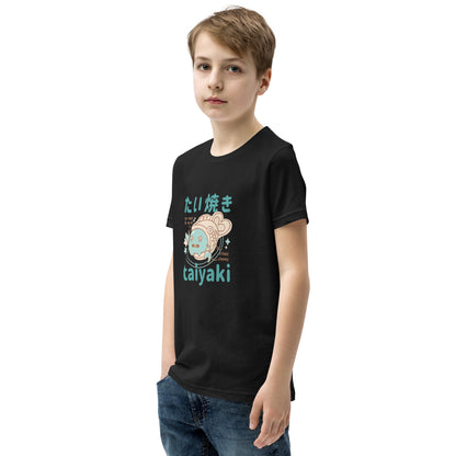 Black short-sleeve t-shirt V2 with cute teal peach taiyaki print and Japanese text