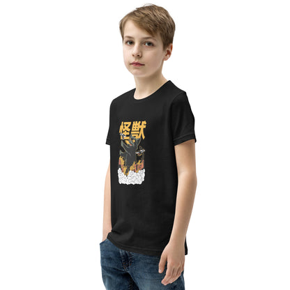 Black short-sleeve t-shirt V1 with black cat, yellow kanji, white clouds graphic