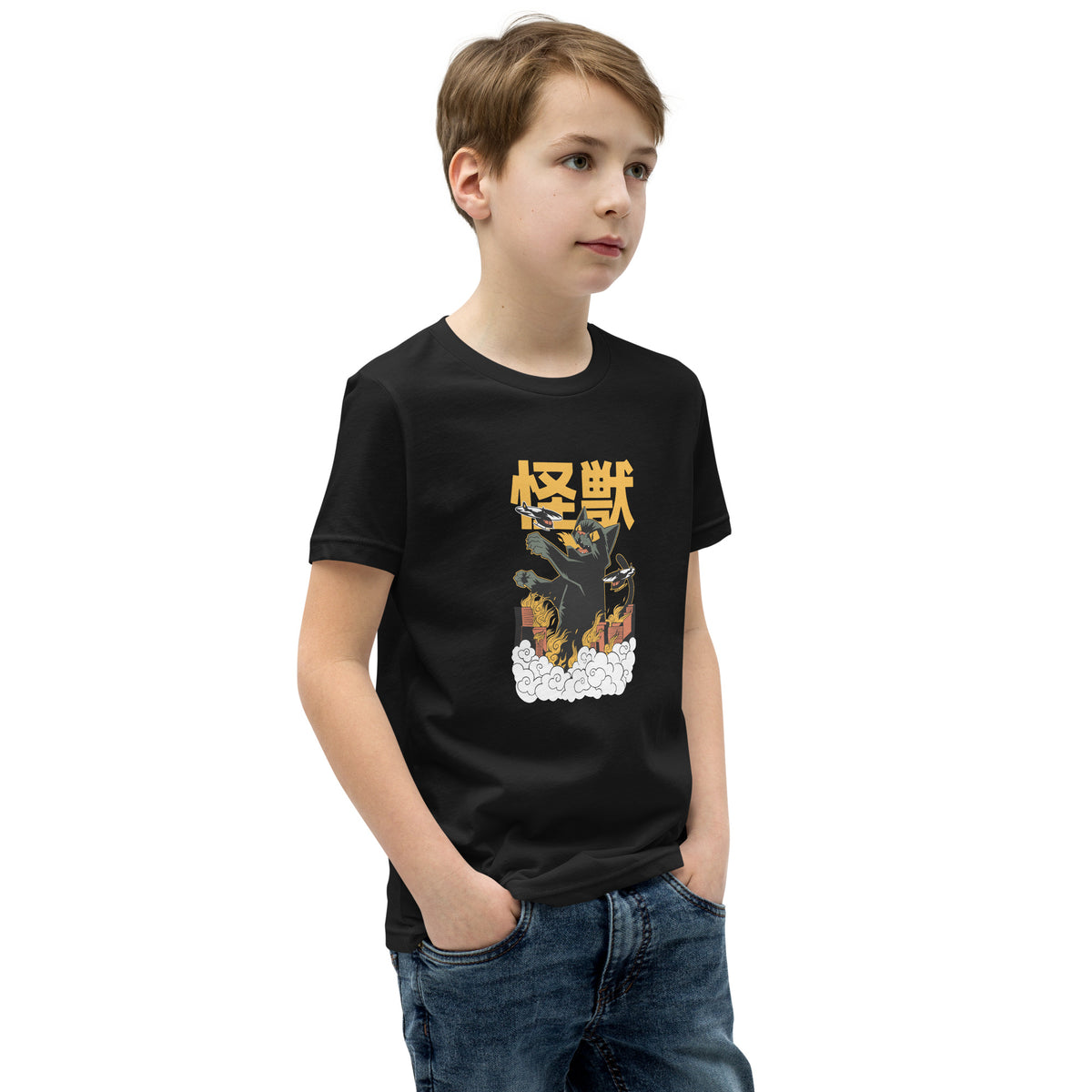 Black short-sleeve t-shirt V1 with stylized creature, flames, clouds, gold kanji