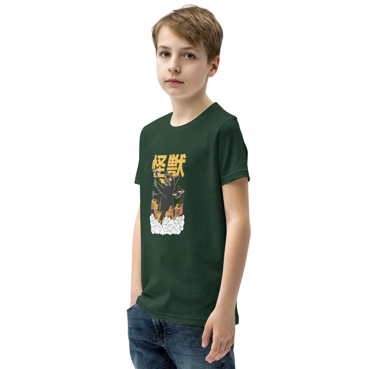 Dark green Short Sleeve T-Shirt V1 with black bear and yellow Japanese text
