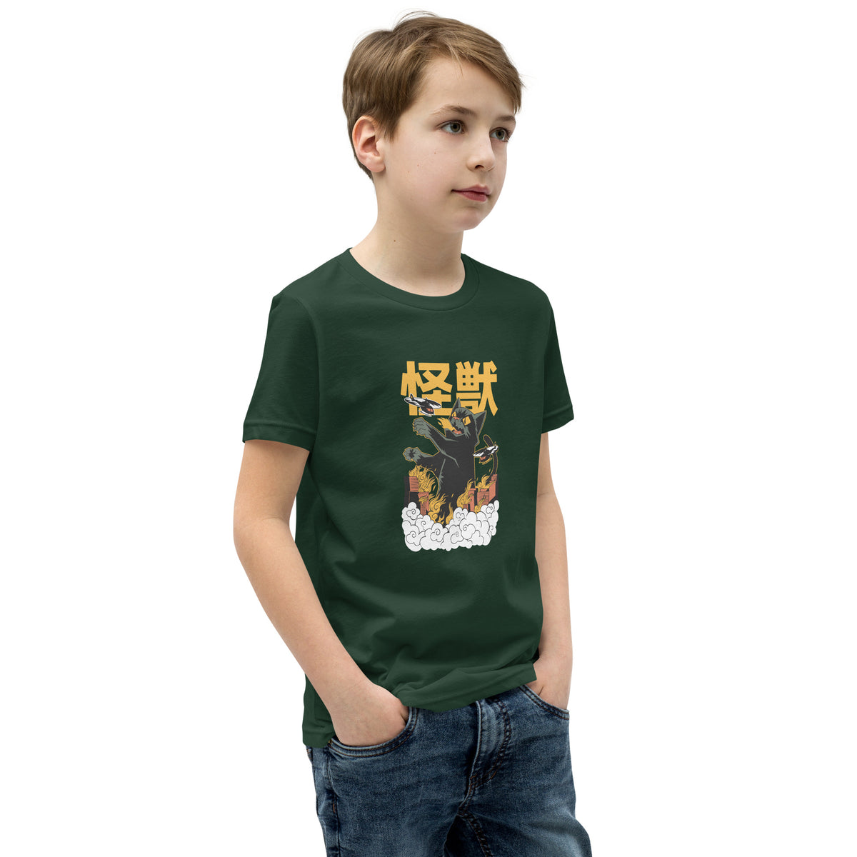 Dark green Short Sleeve T-Shirt V1 with black monster, gold Japanese text, white smoke