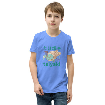 Light blue Short Sleeve T-Shirt V2 with cute cartoon fish, Japanese text and taiyaki