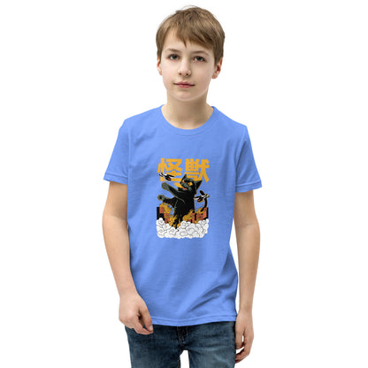 Light blue Short Sleeve T-Shirt V1 with black cat and kanji graphic