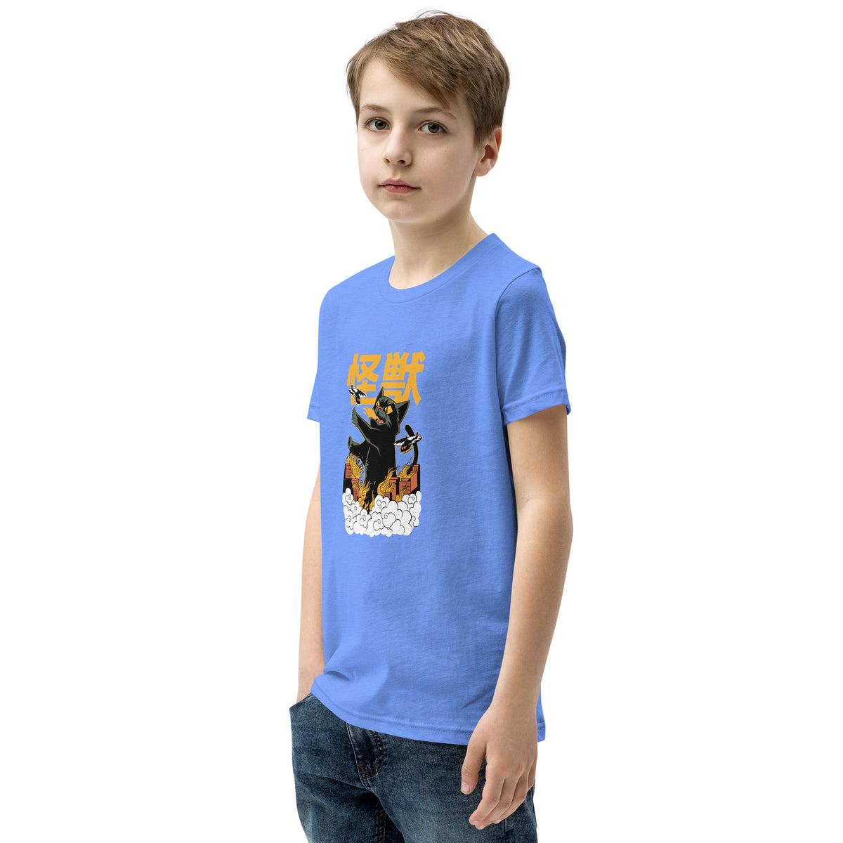 Light blue Short Sleeve T-Shirt V1 with black cat graphic