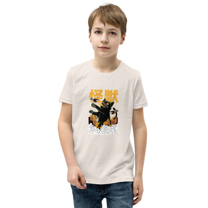 Short sleeve t-shirt V1 with off-white cotton, black cat and orange kanji graphic
