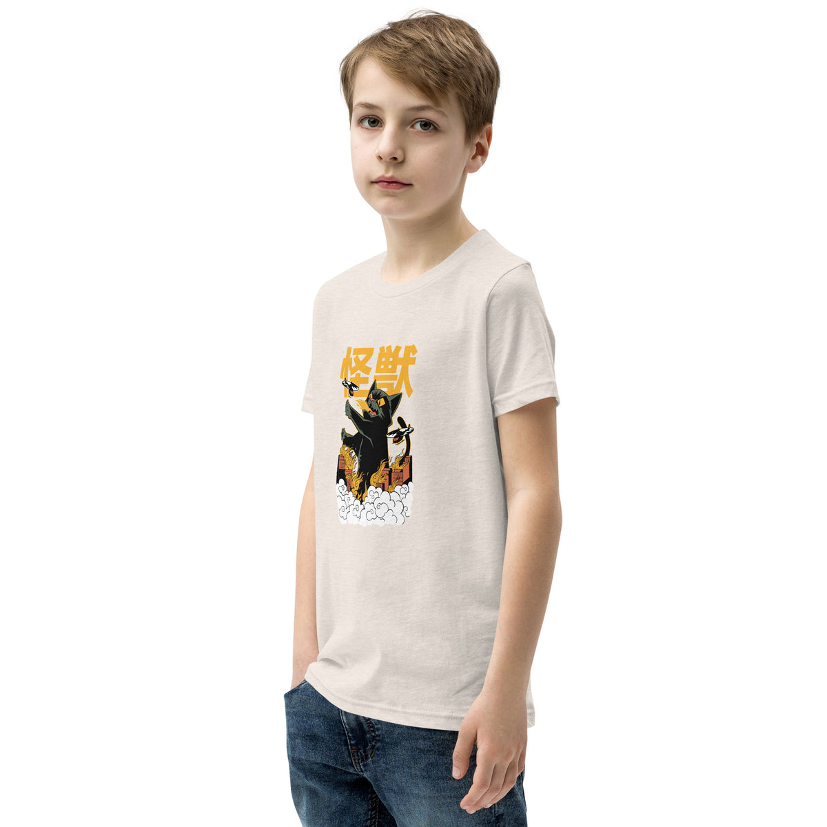 Cream kids Short Sleeve T-Shirt V1 with black cat and Japanese kanji graphic