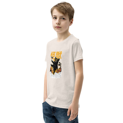 Cream kids Short Sleeve T-Shirt V1 with black cat and Japanese kanji graphic