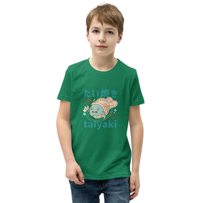 Green short-sleeved Short Sleeve T-Shirt V2 with cartoon fish, Japanese text and taiyaki print