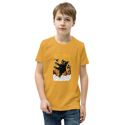 Mustard yellow Short Sleeve T-Shirt V1 with black cat, airplanes, clouds graphic
