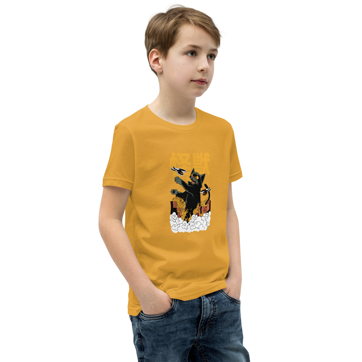 Mustard-yellow Short Sleeve T-Shirt V1 with black cat, clouds, birds on cotton